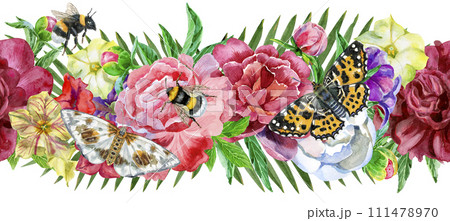Composition of color petunia and peony flowers. Watercolor illustration 111478970