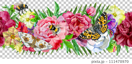 Composition of color petunia and peony flowers. Watercolor illustration 111478970