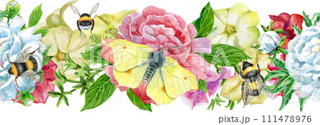 Seamless composition of color petunia and peony flowers. Watercolor illustration 111478976