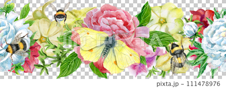 Seamless composition of color petunia and peony flowers. Watercolor illustration 111478976