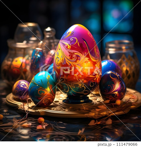 Colorful Easter eggs in a bowl on the background of the burning candles Colorful Easter eggs in a bowl on the background of the burning candles 111479066