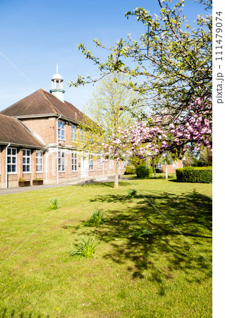 快晴の空の下の歴史的な塔の付いた赤煉瓦造りの校舎と脇に咲いた桜　ロンドン郊外の街並み 111479074