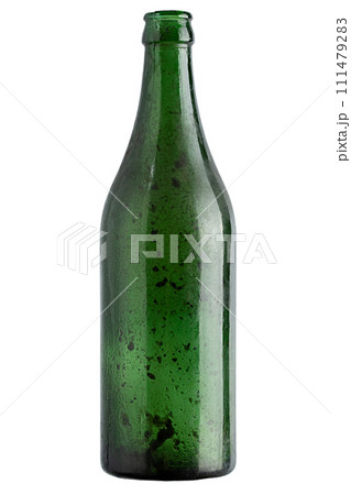 Old dirty green color bottle isolated on white background. Wine bottle. 111479283