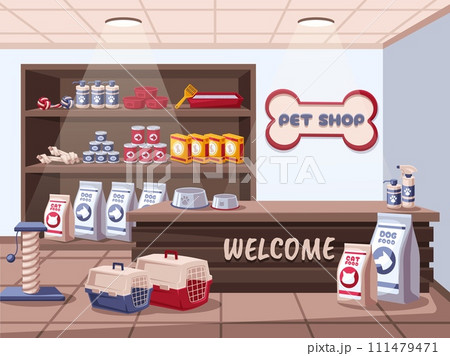 Pet shop interior. Shelves with animal care products, food for dogs and cats. Store interior vector illustration Pet shop interior. Shelves with animal care products, food for dogs and cats. Store interior vector illustration 111479471