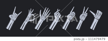 Skeletal hand x-ray gestures. Peace sign, okay and love heart gesture, rock horns and thumbs up like vector illustration set Skeletal hand x-ray gestures. Peace sign, okay and love heart gesture, rock horns and thumbs up like vector illustration set 111479479