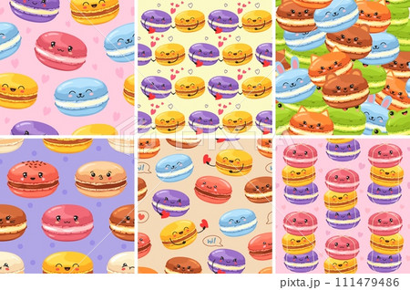 Kawaii macaron pattern. Cute animal macarons, french sweet dessert backgrounds and bakery seamless vector illustration set 111479486