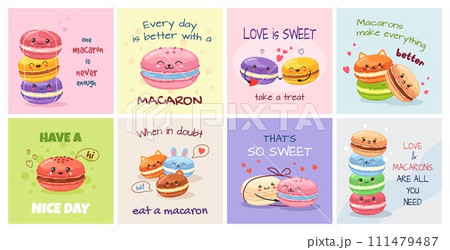Kawaii macaron cards. French dessert bakery posters with cute macarons characters and slogans vector illustration set 111479487