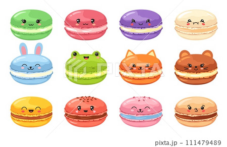 Kawaii macaron. Cute animal macarons, french sweet dessert for childrens menu or bakery marketing design. Vector illustration set 111479489