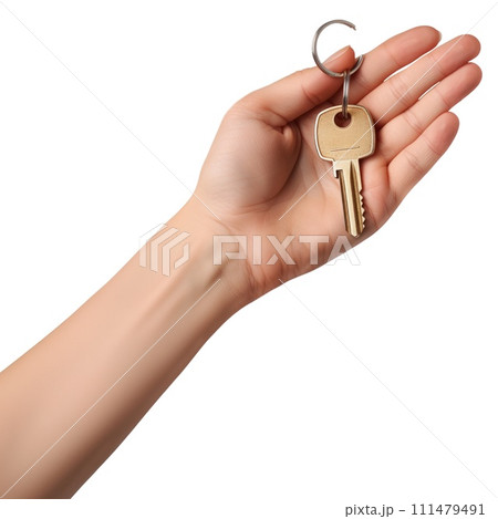 AI-generated content. Hand holding house keys close-up on a white or transparent background. Real estate insurance concept. Design element, clipart. 111479491