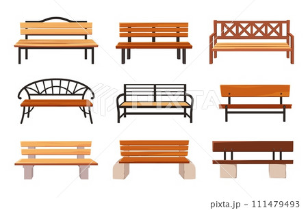 Cartoon bench. Wooden park benches, comfortable public garden seats and outdoor furniture vector illustration set Cartoon bench. Wooden park benches, comfortable public garden seats and outdoor furniture vector illustration set 111479493