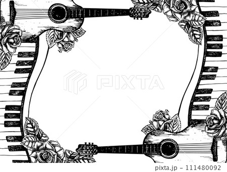 Musical frame with guitars, piano keys, roses, graphic vector black and white illustration. For posters, flyers and invitation cards. For greeting cards and certificates. 111480092