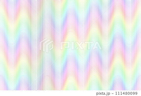 Seamless rainbow guilloche lines pattern. Multicolored wavy line texture wallpaper, magic flow vector background 111480099