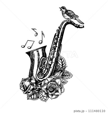 Saxophone with musical notes, decorated with roses and a nightingale, graphic vector black and white illustration. For posters, flyers and invitation cards. For logos, badges, stickers and prints. Saxophone with musical notes, decorated with roses and a nightingale, graphic vector black and white illustration. For posters, flyers and invitation cards. For logos, badges, stickers and prints. 111480110