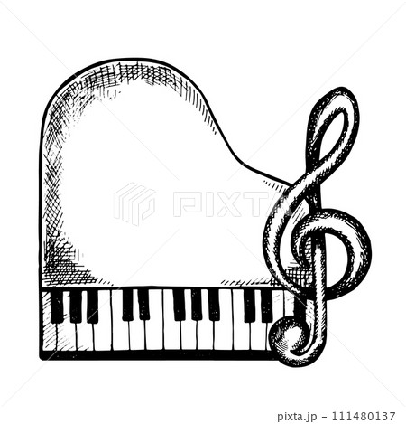 Grand piano, top view, with treble clef. Graphic vector black and white illustration. Highlight it. For posters, flyers and invitation cards. For banners and postcards. For logos, badges, stickers. 111480137