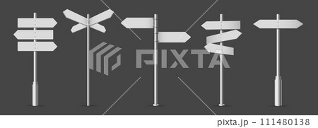 White fingerpost. Directional sign, 3D wayfinding arrows on pole isolated realistic vector illustration set 111480138