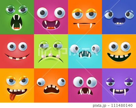 Funny 3d monsters faces. Scary facial expressions, monster mouths and teeth with cartoon eyes vector illustration set 111480140