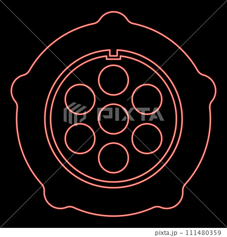 Neon grate for meat grinder plate mincer device for growing shallow of meat lattice with nut screw female screw pawl stop latch holder red color vector illustration image flat style 111480359