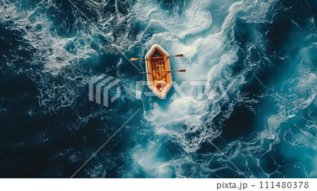 Aerial view of wooden boat on swirling blue waters, nautical adventure scene with rich textures. suitable for wallpaper and background use. AI 111480378