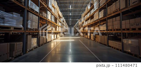 Spacious warehouse interior, shelves stacked with boxes, logistic center concept, empty aisles, industrial storage, business distribution space. AI 111480471