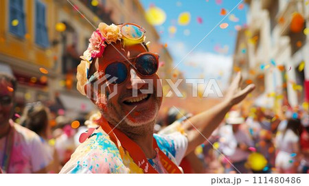 Joyful person celebrating at a vibrant street festival, surrounded by confetti. colorful, lively event captured in daylight. carnival atmosphere. AI 111480486