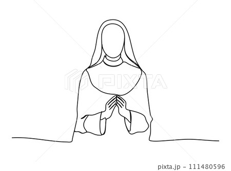 Christian nun, one line drawing vector illustration. Christian nun, one line drawing vector illustration. 111480596