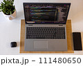 Laptop setup to work from home. Programming and coding. Phone and wireless devices. 111480650