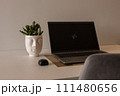 Work from home concept. Flower pot and laptop setup. Advertising and promoting online. 111480656