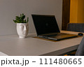 Work from home concept. Flower pot and laptop setup. Advertising and promoting online. 111480665