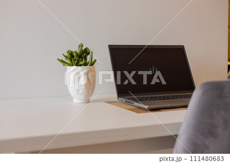 Laptop setup to work from home. Programming and coding. Phone and wireless devices. 111480683
