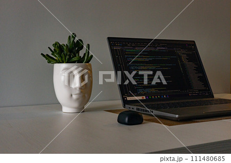 High quality image of a laptop sitting on table. Work from home setup with flower and headphones.  111480685
