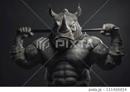AI-generated content. Surreal Rhino with Human Muscles Holding Bar 111480854