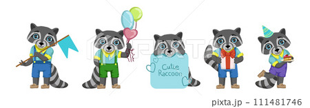 Raccoon Boy Character with Dress in Different Activity Vector Set 111481746