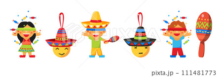 Mexican Boy and Girl at Holiday Celebration Breaking Traditional Pinata Toy Vector Set 111481773