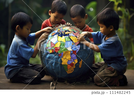 AI-generated content. Children Exploring Handmade Globe 111482245