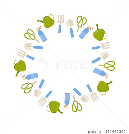 Garden round frame, ornament, spring. Planting plants, stock, garden gnome, plants. gardening. On white isolated background. 111482362