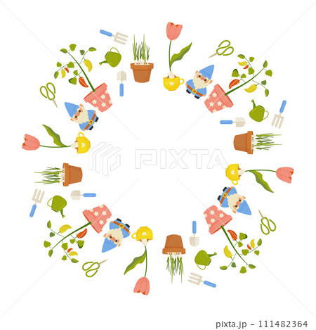 Garden round frame, ornament, spring. Planting plants, stock, garden gnome, plants. gardening. On white isolated background. 111482364