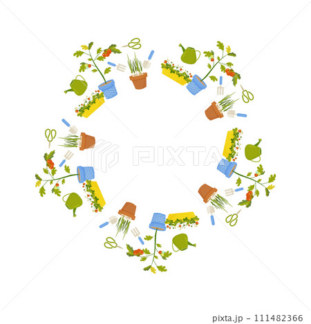 Garden round frame, ornament, spring. Planting plants, stock, garden gnome, plants. gardening. On white isolated background. 111482366