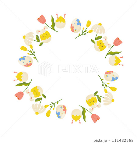 Easter eggs and flowers round frame, ornament, spring. On white isolated background. For your postcard design, invitations, congratulations Easter eggs and flowers round frame, ornament, spring. On white isolated background. For your postcard design, invitations, congratulations 111482368