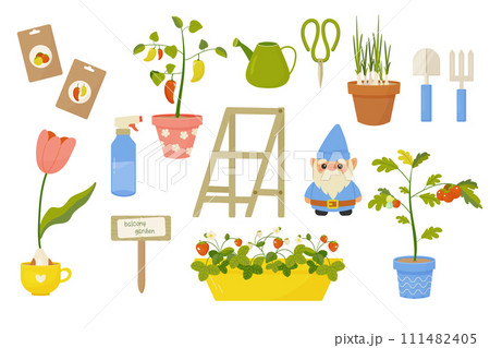 Garden set on balcony. urban gardening, vegetables in pots , spring planting. tomatoes, peppers, stock, onions, seeds. Vector illustration 111482405