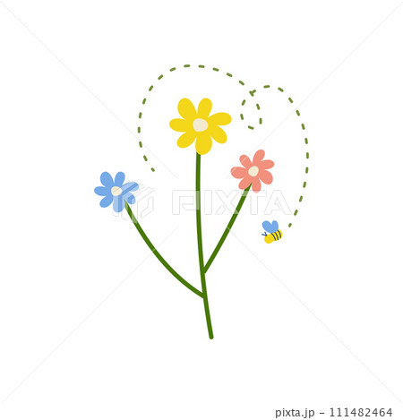 Hand drawn simple flower with bee, spring summer plants on white isolated background Hand drawn simple flower with bee, spring summer plants on white isolated background 111482464