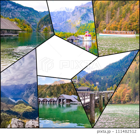 View of St. Bartholoma church in Konigsee National Park in autumn, Germany 111482512