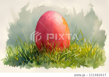 Awaiting Easter's Touch, a Solitary Egg Shimmers, Set Against the Lush Green of Renewal, Watercolor Style 111482617