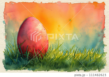 Awaiting Easter's Touch, a Solitary Egg Shimmers, Set Against the Lush Green of Renewal, Watercolor Style 111482623