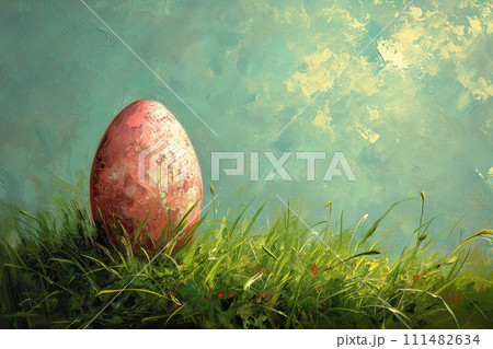 Awaiting Easter's Touch, a Solitary Egg Shimmers, Set Against the Lush Green of Renewal, Watercolor Style 111482634