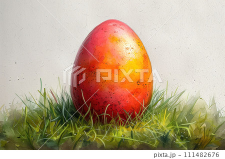 Awaiting Easter's Touch, a Solitary Egg Shimmers, Set Against the Lush Green of Renewal, Watercolor Style 111482676