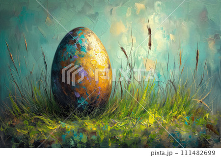Awaiting Easter's Touch, a Solitary Egg Shimmers, Set Against the Lush Green of Renewal, Watercolor Style 111482699