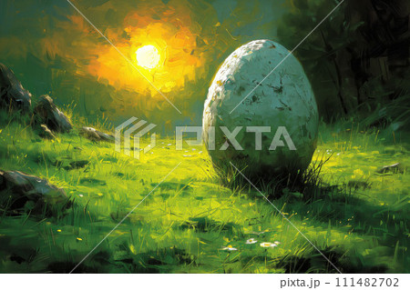 Awaiting Easter's Touch, a Solitary Egg Shimmers, Set Against the Lush Green of Renewal, Watercolor Style 111482702