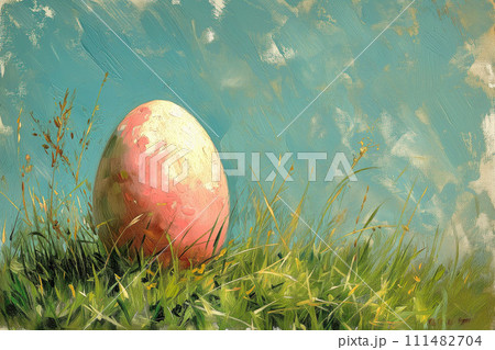 Awaiting Easter's Touch, a Solitary Egg Shimmers, Set Against the Lush Green of Renewal, Watercolor Style 111482704