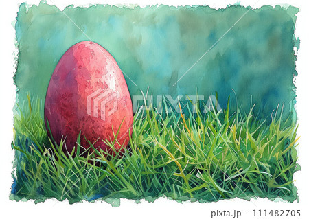 Awaiting Easter's Touch, a Solitary Egg Shimmers, Set Against the Lush Green of Renewal, Watercolor Style 111482705