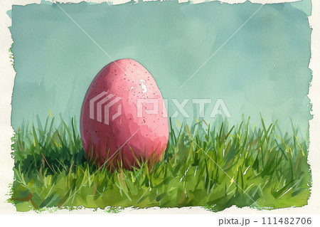 Awaiting Easter's Touch, a Solitary Egg Shimmers, Set Against the Lush Green of Renewal, Watercolor Style 111482706